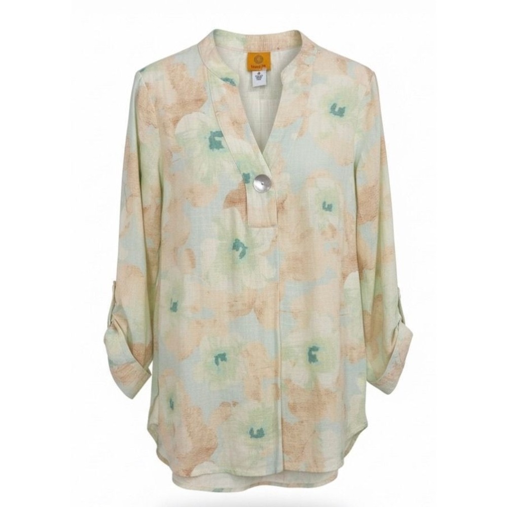 Ruby Rd Floral Linen Blend Tunic Women S Green Pink Roll Tab Sleeve Blouse